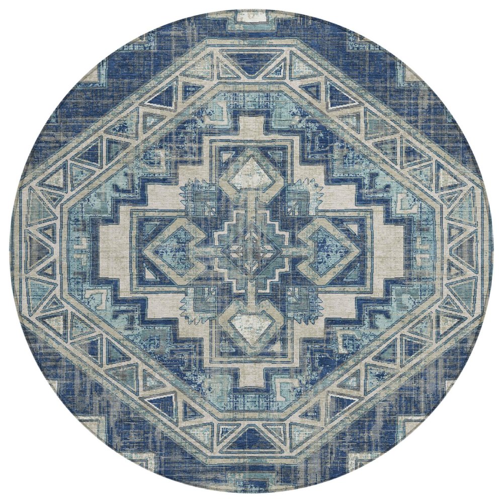 8' Navy Blue And Blue Round Southwestern Washable Indoor Outdoor Area Rug HomeRoots
