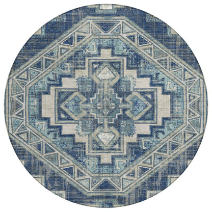 8' Navy Blue And Blue Round Southwestern Washable Indoor Outdoor Area Rug HomeRoots