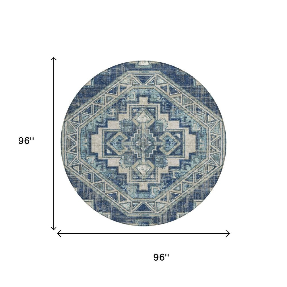 8' Navy Blue And Blue Round Southwestern Washable Indoor Outdoor Area Rug HomeRoots