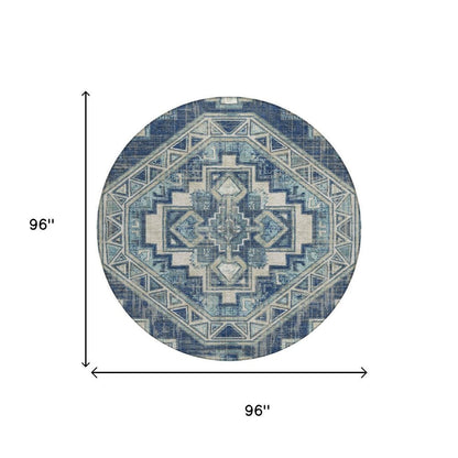 8' Navy Blue And Blue Round Southwestern Washable Indoor Outdoor Area Rug HomeRoots