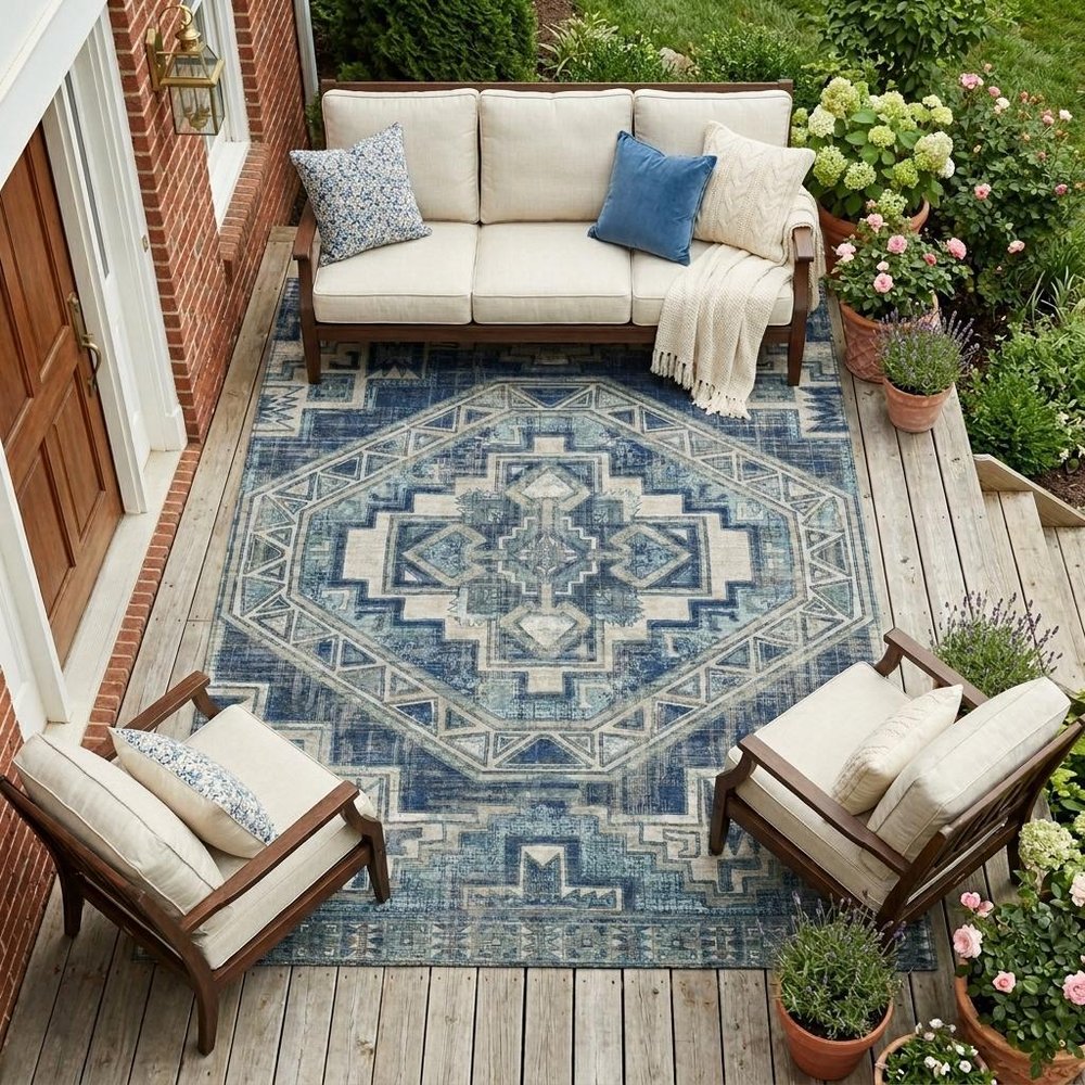 8' X 10' Navy Blue And Blue Southwestern Washable Indoor Outdoor Area Rug HomeRoots