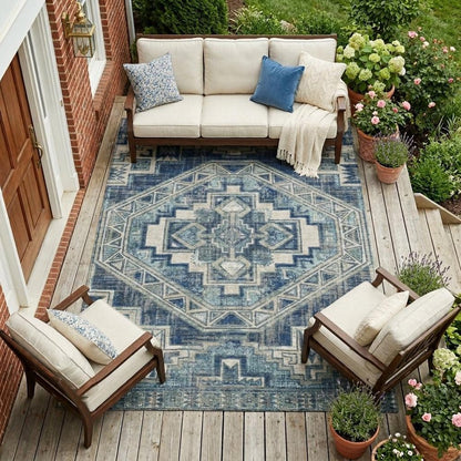 8' X 10' Navy Blue And Blue Southwestern Washable Indoor Outdoor Area Rug HomeRoots