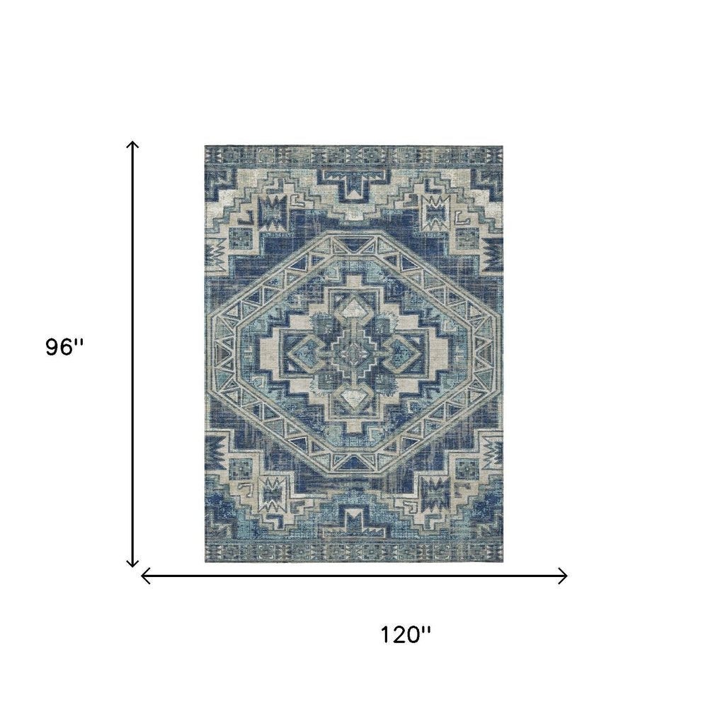 8' X 10' Navy Blue And Blue Southwestern Washable Indoor Outdoor Area Rug HomeRoots