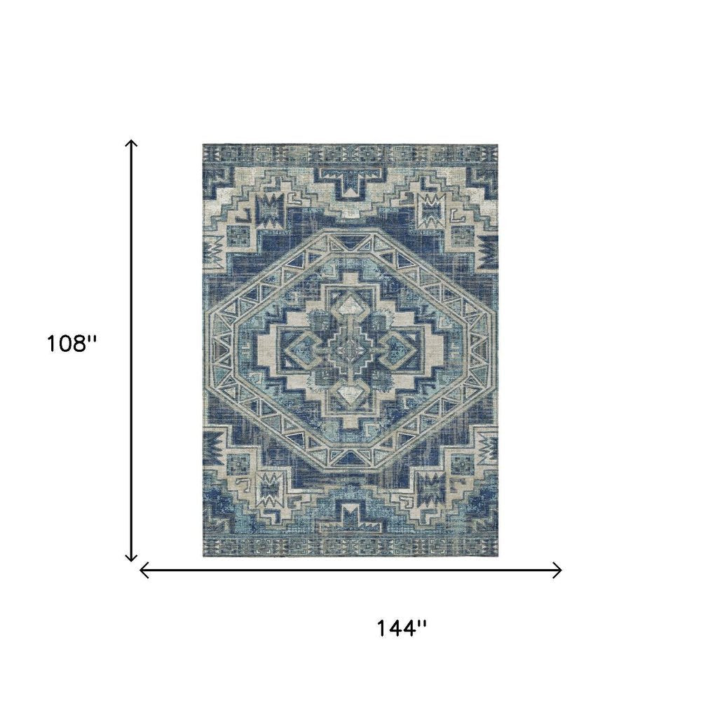 9' X 12' Navy Blue And Blue Southwestern Washable Indoor Outdoor Area Rug HomeRoots