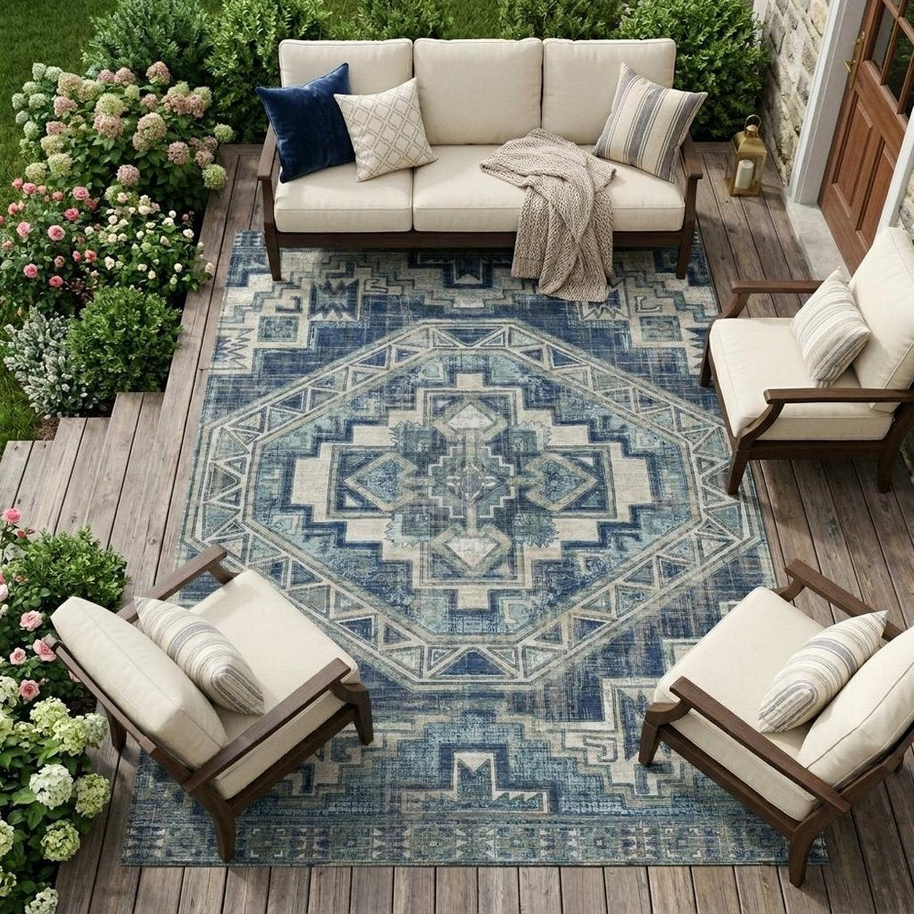 10' X 14' Navy Blue And Blue Southwestern Washable Indoor Outdoor Area Rug HomeRoots