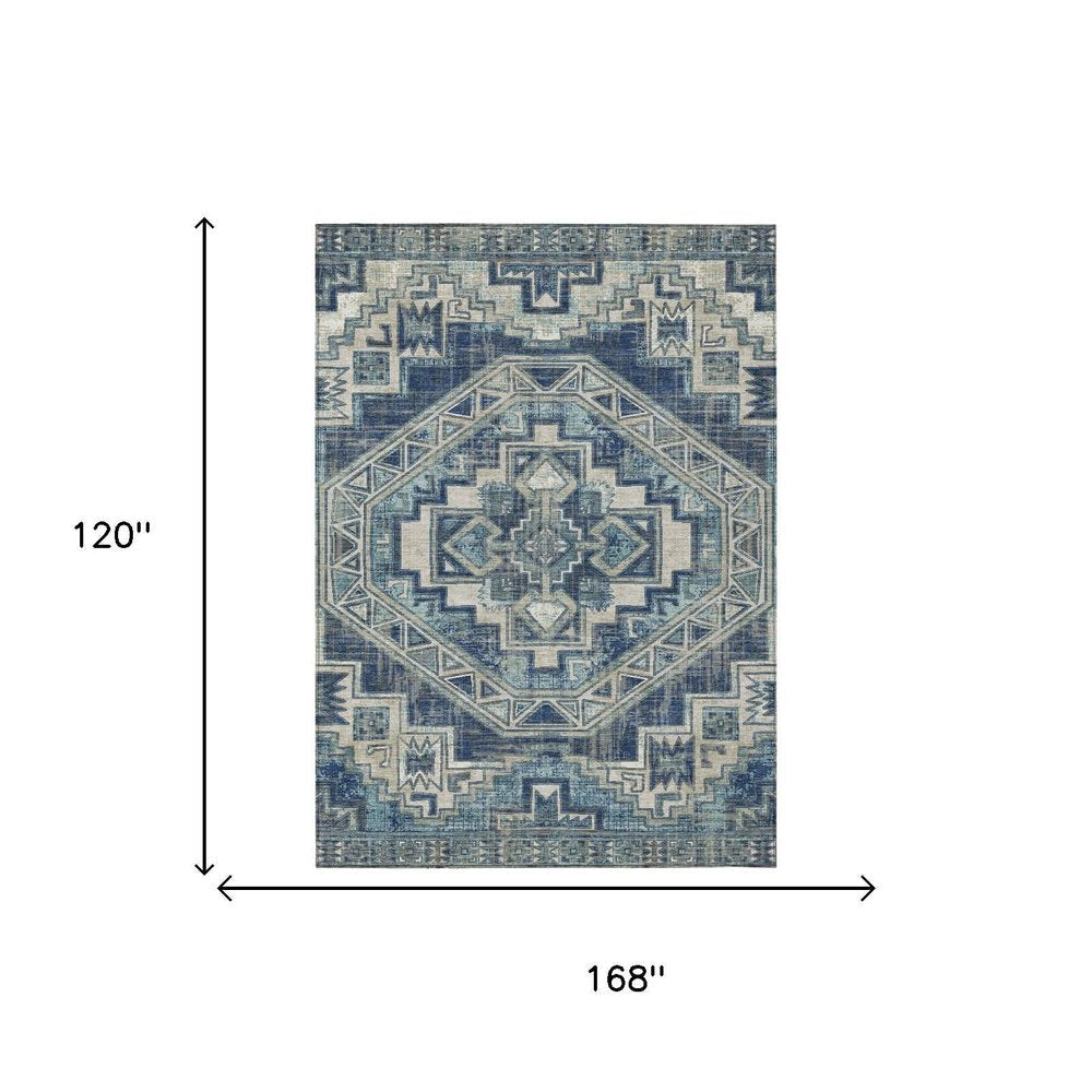 10' X 14' Navy Blue And Blue Southwestern Washable Indoor Outdoor Area Rug HomeRoots