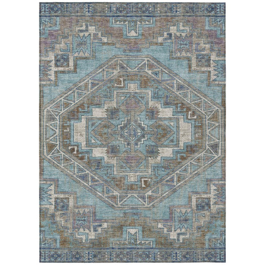 5' X 8' Teal Blue And Gray Southwestern Washable Indoor Outdoor Area Rug HomeRoots