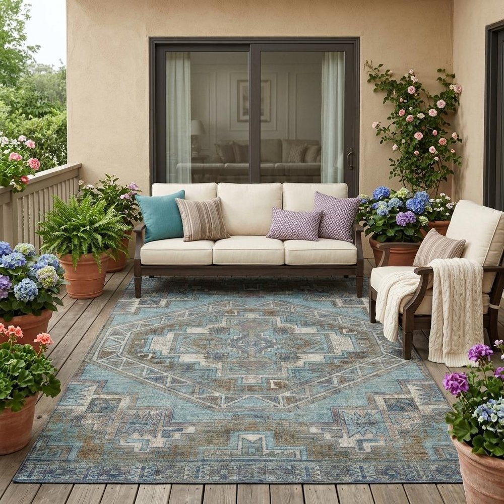 5' X 8' Teal Blue And Gray Southwestern Washable Indoor Outdoor Area Rug HomeRoots
