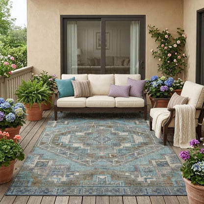 5' X 8' Teal Blue And Gray Southwestern Washable Indoor Outdoor Area Rug HomeRoots