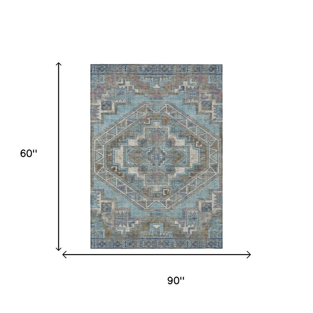 5' X 8' Teal Blue And Gray Southwestern Washable Indoor Outdoor Area Rug HomeRoots
