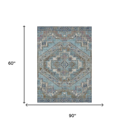 5' X 8' Teal Blue And Gray Southwestern Washable Indoor Outdoor Area Rug HomeRoots