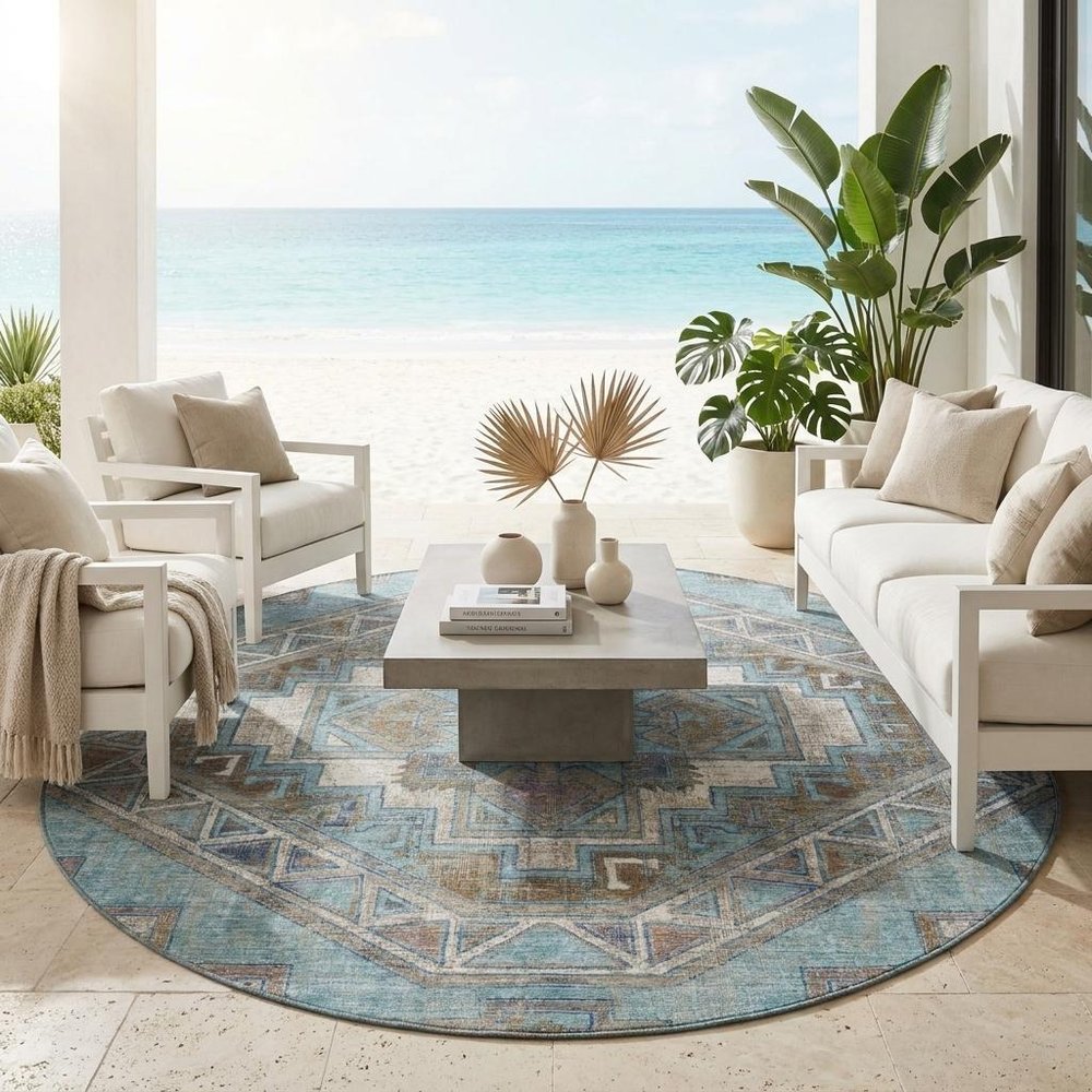 8' Teal Blue And Gray Round Southwestern Washable Indoor Outdoor Area Rug HomeRoots