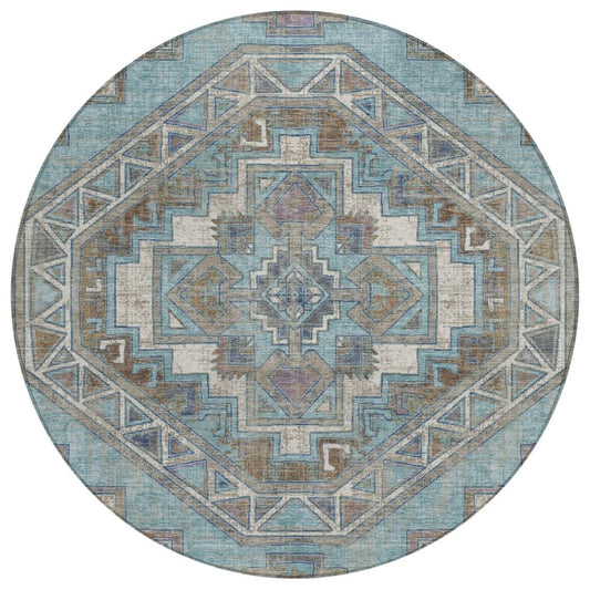 8' Teal Blue And Gray Round Southwestern Washable Indoor Outdoor Area Rug HomeRoots