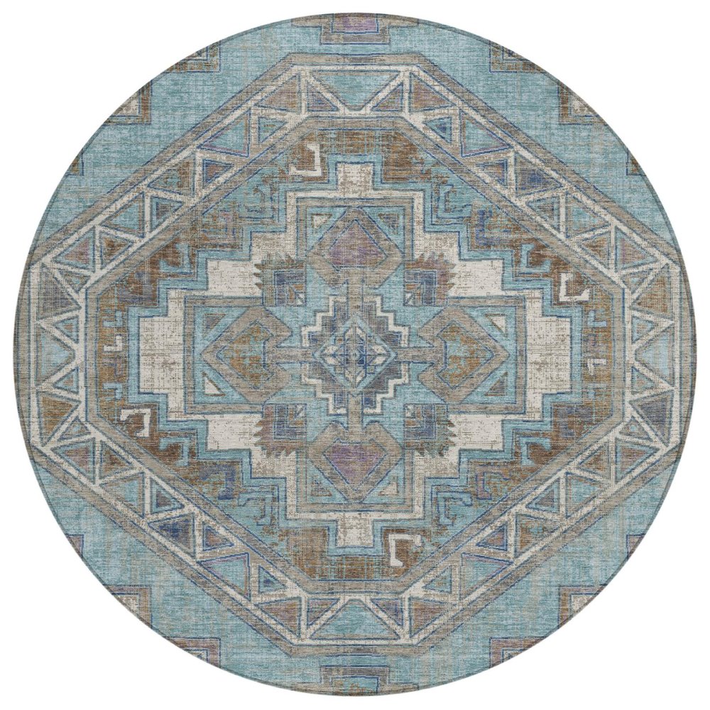 8' Teal Blue And Gray Round Southwestern Washable Indoor Outdoor Area Rug HomeRoots