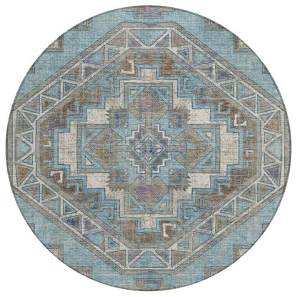 8' Teal Blue And Gray Round Southwestern Washable Indoor Outdoor Area Rug HomeRoots