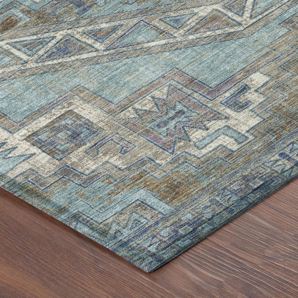 8' Teal Blue And Gray Round Southwestern Washable Indoor Outdoor Area Rug HomeRoots