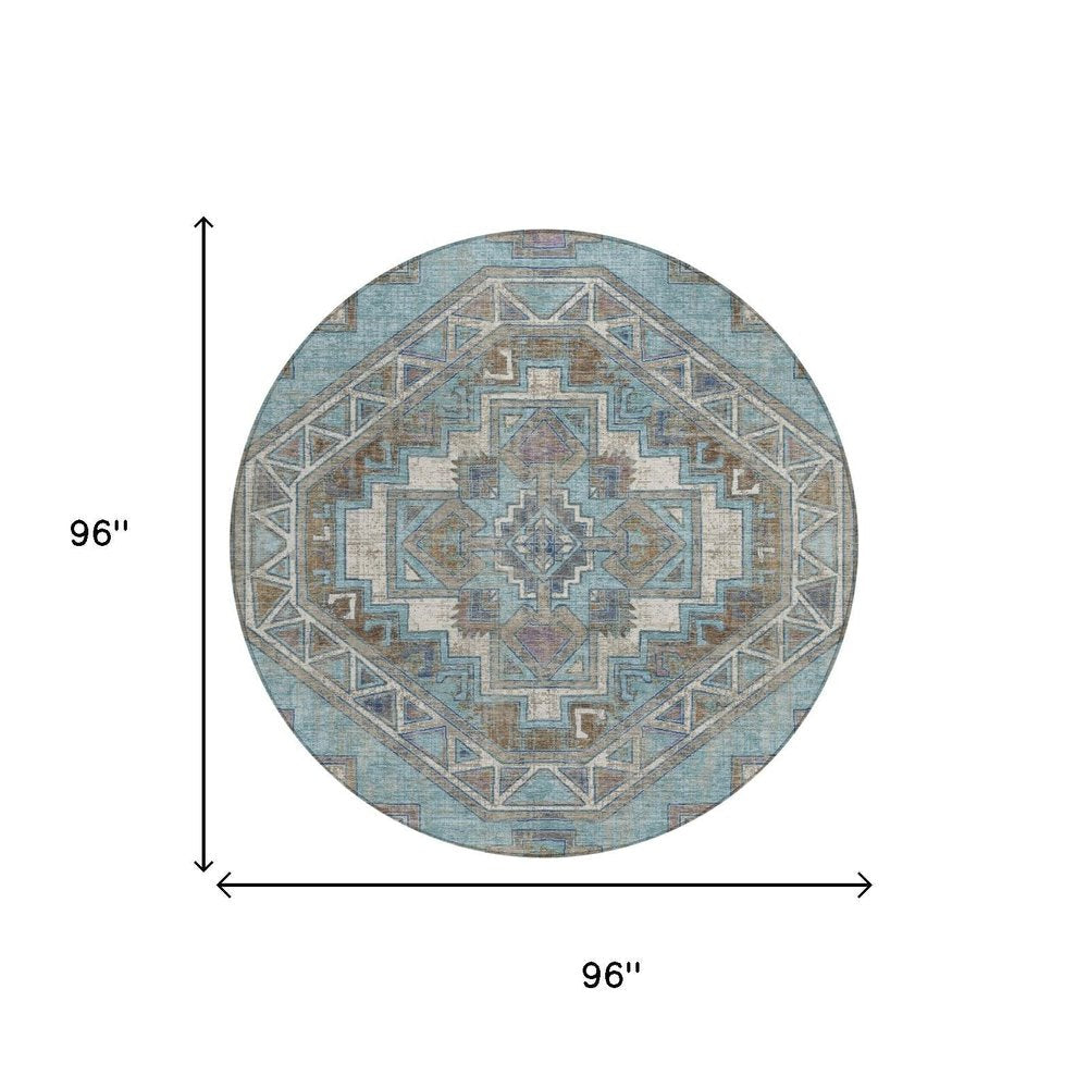 8' Teal Blue And Gray Round Southwestern Washable Indoor Outdoor Area Rug HomeRoots