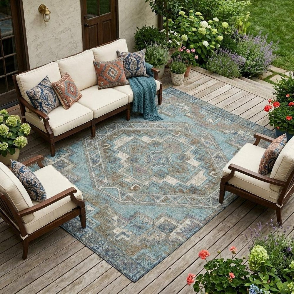 8' X 10' Teal Blue And Gray Southwestern Washable Indoor Outdoor Area Rug HomeRoots