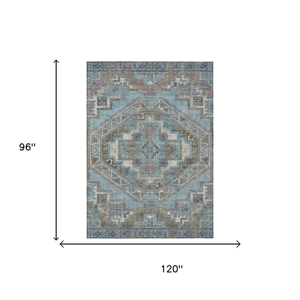 8' X 10' Teal Blue And Gray Southwestern Washable Indoor Outdoor Area Rug HomeRoots
