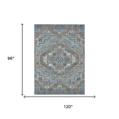8' X 10' Teal Blue And Gray Southwestern Washable Indoor Outdoor Area Rug HomeRoots