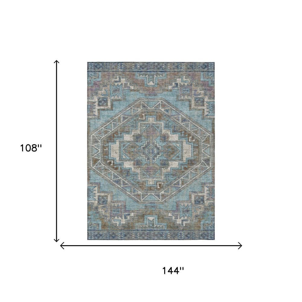 9' X 12' Teal Blue And Gray Southwestern Washable Indoor Outdoor Area Rug HomeRoots