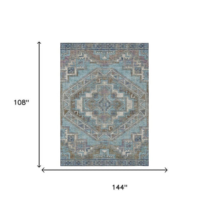 9' X 12' Teal Blue And Gray Southwestern Washable Indoor Outdoor Area Rug HomeRoots
