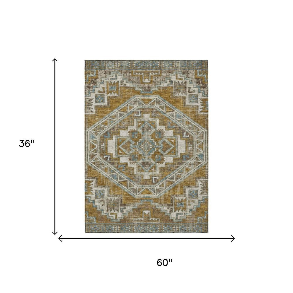 3' X 5' Walnut And Gold Southwestern Washable Indoor Outdoor Area Rug HomeRoots