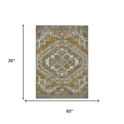 3' X 5' Walnut And Gold Southwestern Washable Indoor Outdoor Area Rug HomeRoots