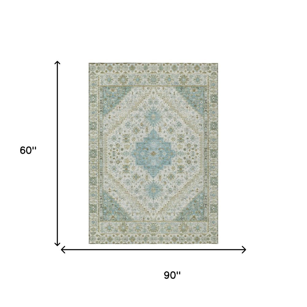 5' X 8' Ivory And Silver Oriental Washable Indoor Outdoor Area Rug — view 4