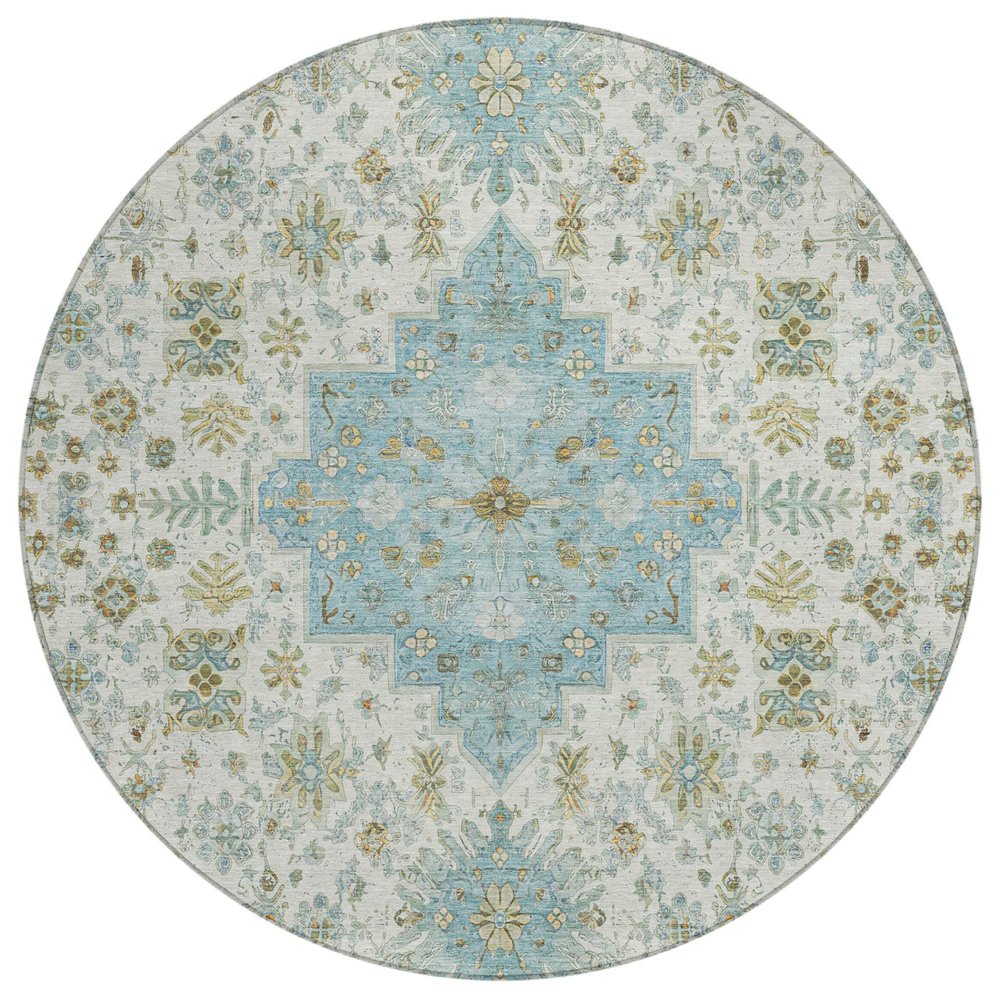 8' Ivory And Silver Round Oriental Washable Indoor Outdoor Area Rug HomeRoots