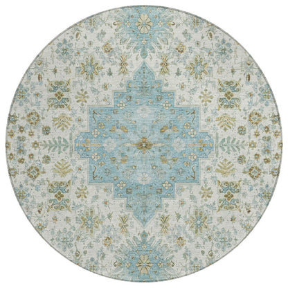8' Ivory And Silver Round Oriental Washable Indoor Outdoor Area Rug HomeRoots