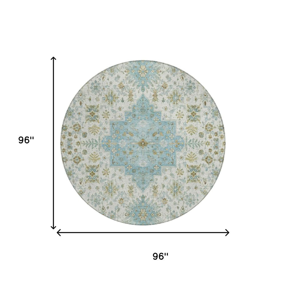 8' Ivory And Silver Round Oriental Washable Indoor Outdoor Area Rug HomeRoots