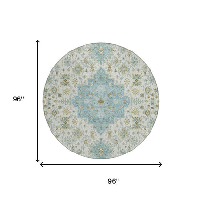 8' Ivory And Silver Round Oriental Washable Indoor Outdoor Area Rug HomeRoots