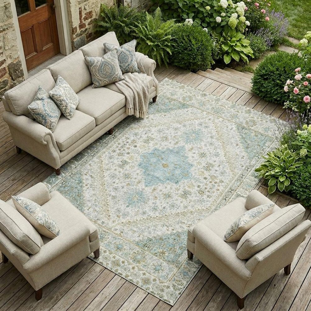 10' X 14' Ivory And Silver Oriental Washable Indoor Outdoor Area Rug — view 5