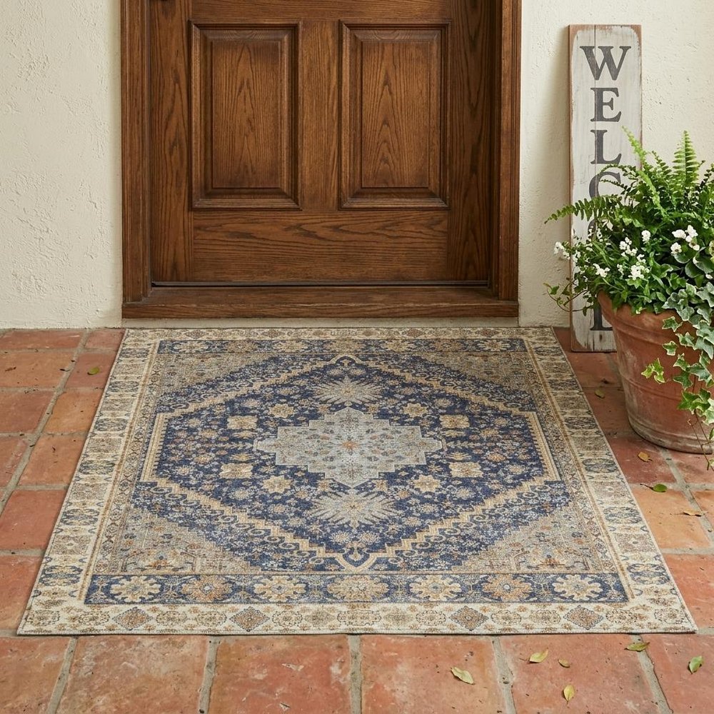 3' X 5' Navy Blue And Blue Oriental Washable Indoor Outdoor Area Rug HomeRoots