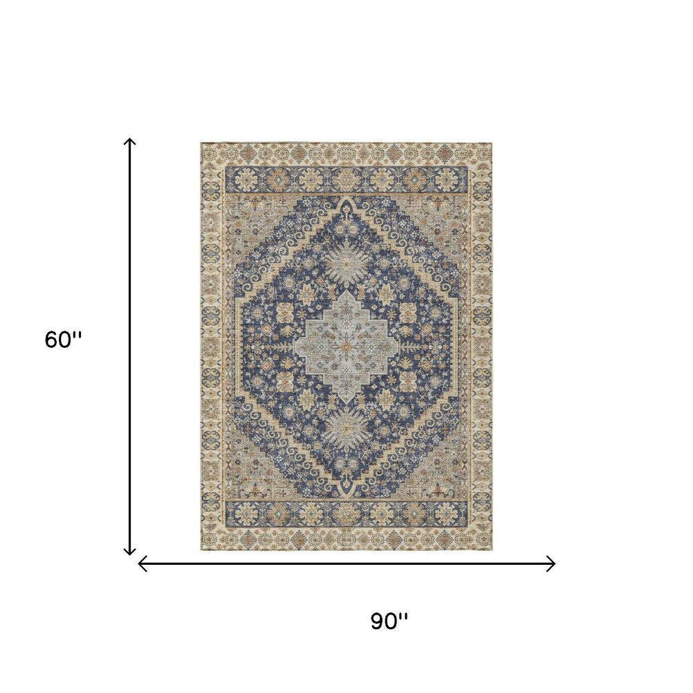 5' X 8' Navy Blue And Blue Oriental Washable Indoor Outdoor Area Rug — view 4