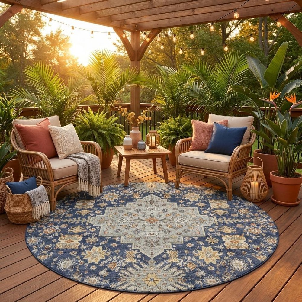 8' Navy Blue And Blue Round Oriental Washable Indoor Outdoor Area Rug — view 5