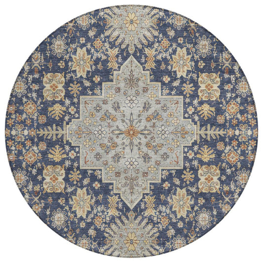 8' Navy Blue And Blue Round Oriental Washable Indoor Outdoor Area Rug