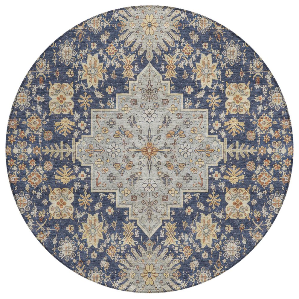 8' Navy Blue And Blue Round Oriental Washable Indoor Outdoor Area Rug — view 1