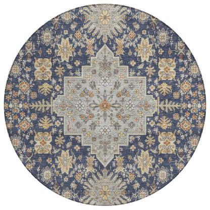 8' Navy Blue And Blue Round Oriental Washable Indoor Outdoor Area Rug HomeRoots