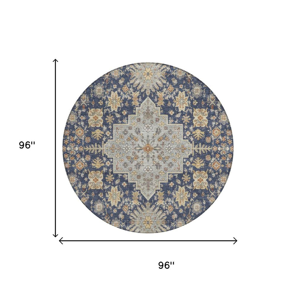 8' Navy Blue And Blue Round Oriental Washable Indoor Outdoor Area Rug HomeRoots