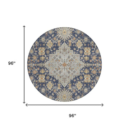 8' Navy Blue And Blue Round Oriental Washable Indoor Outdoor Area Rug HomeRoots