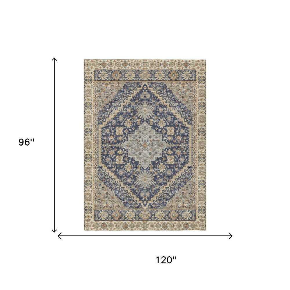 8' X 10' Navy Blue And Blue Oriental Washable Indoor Outdoor Area Rug HomeRoots
