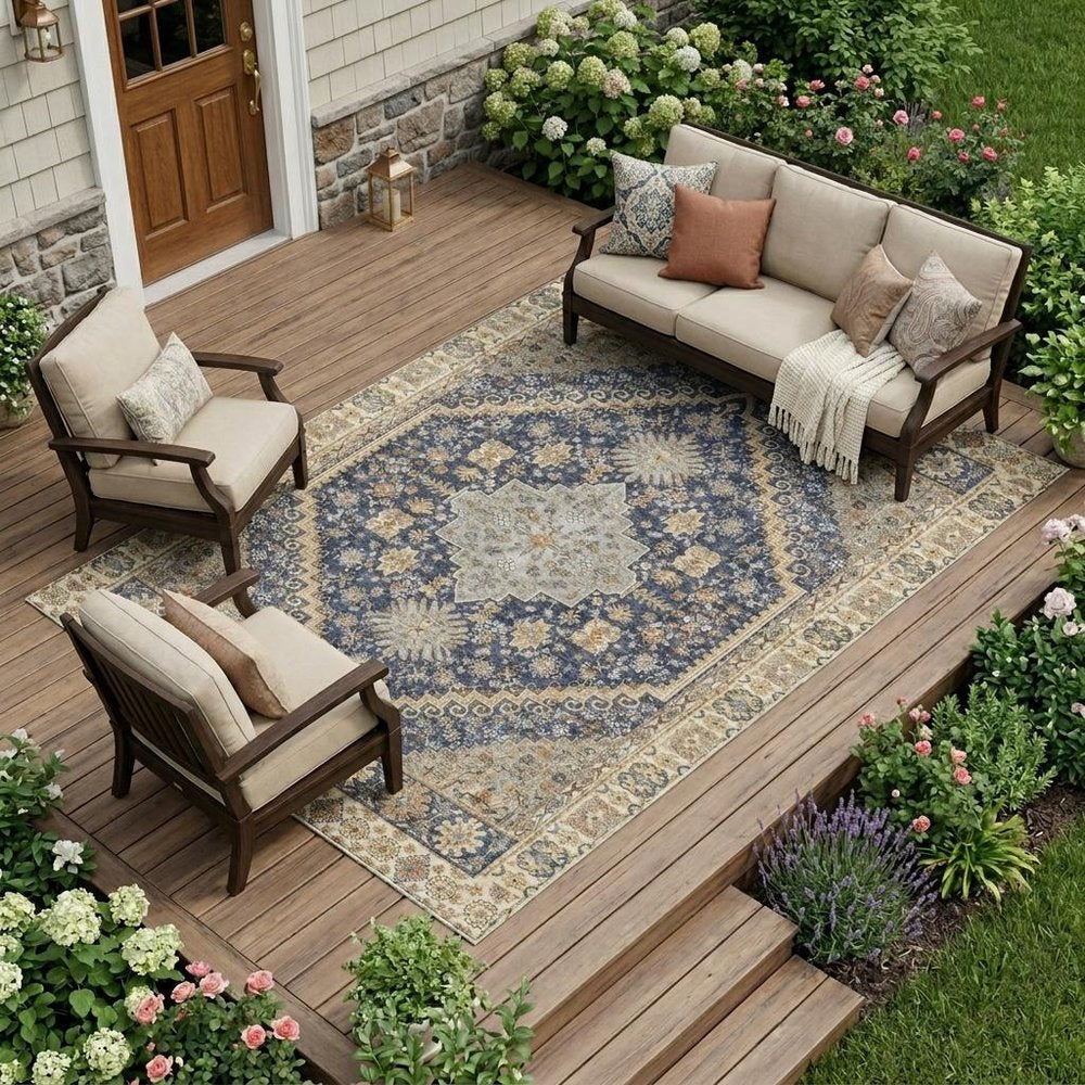 8' X 10' Navy Blue And Blue Oriental Washable Indoor Outdoor Area Rug HomeRoots