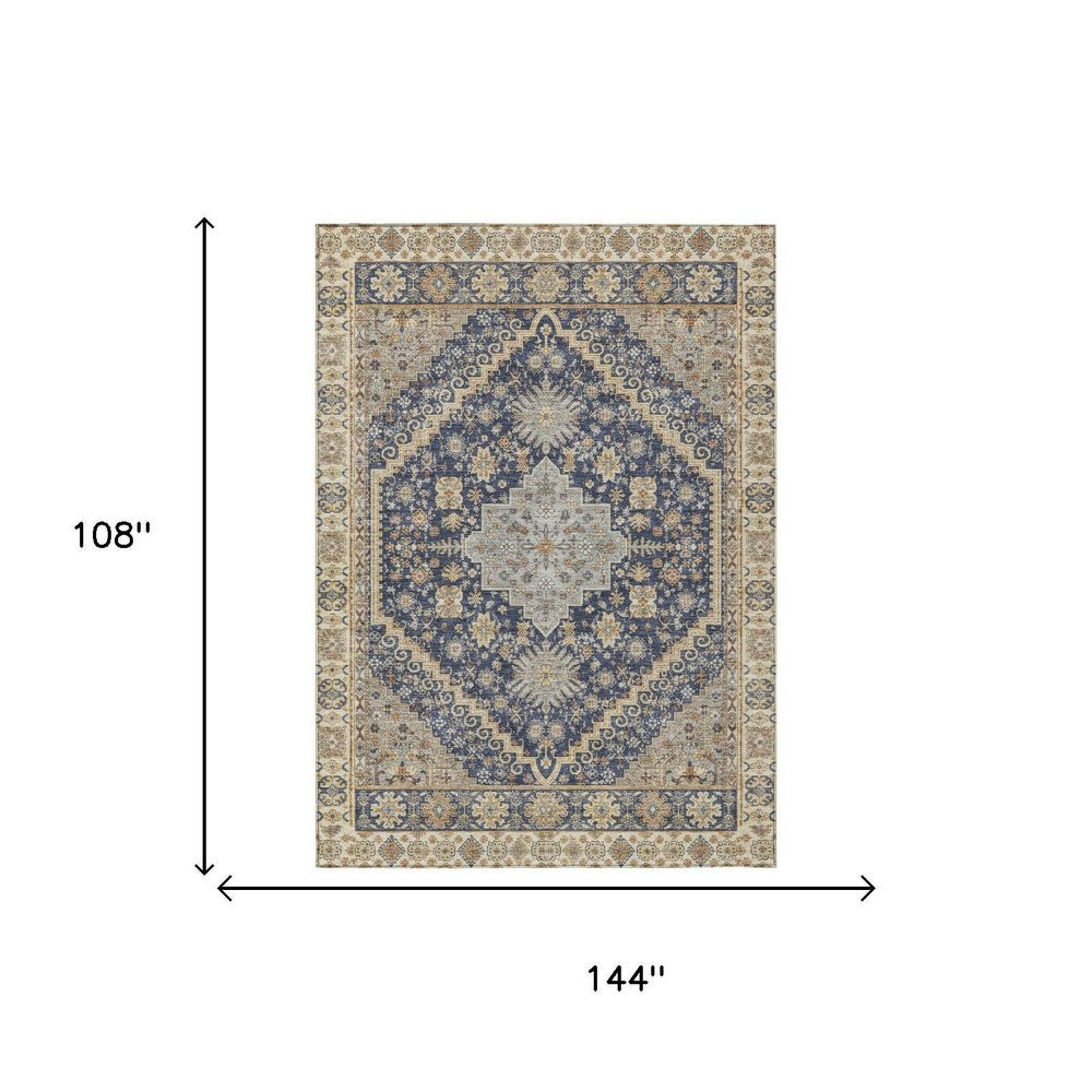9' X 12' Navy Blue And Blue Oriental Washable Indoor Outdoor Area Rug — view 4