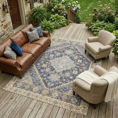 9' X 12' Navy Blue And Blue Oriental Washable Indoor Outdoor Area Rug HomeRoots