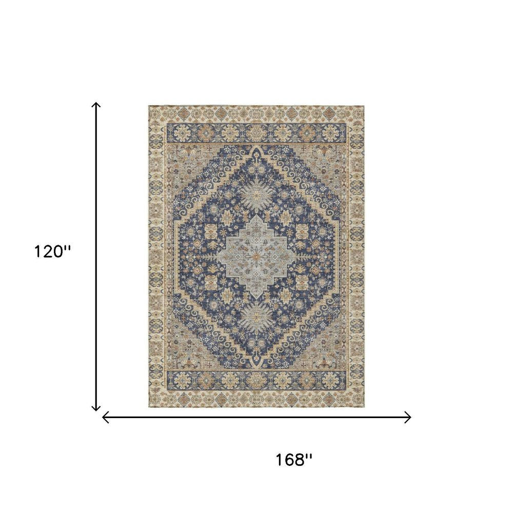 10' X 14' Navy Blue And Blue Oriental Washable Indoor Outdoor Area Rug — view 4
