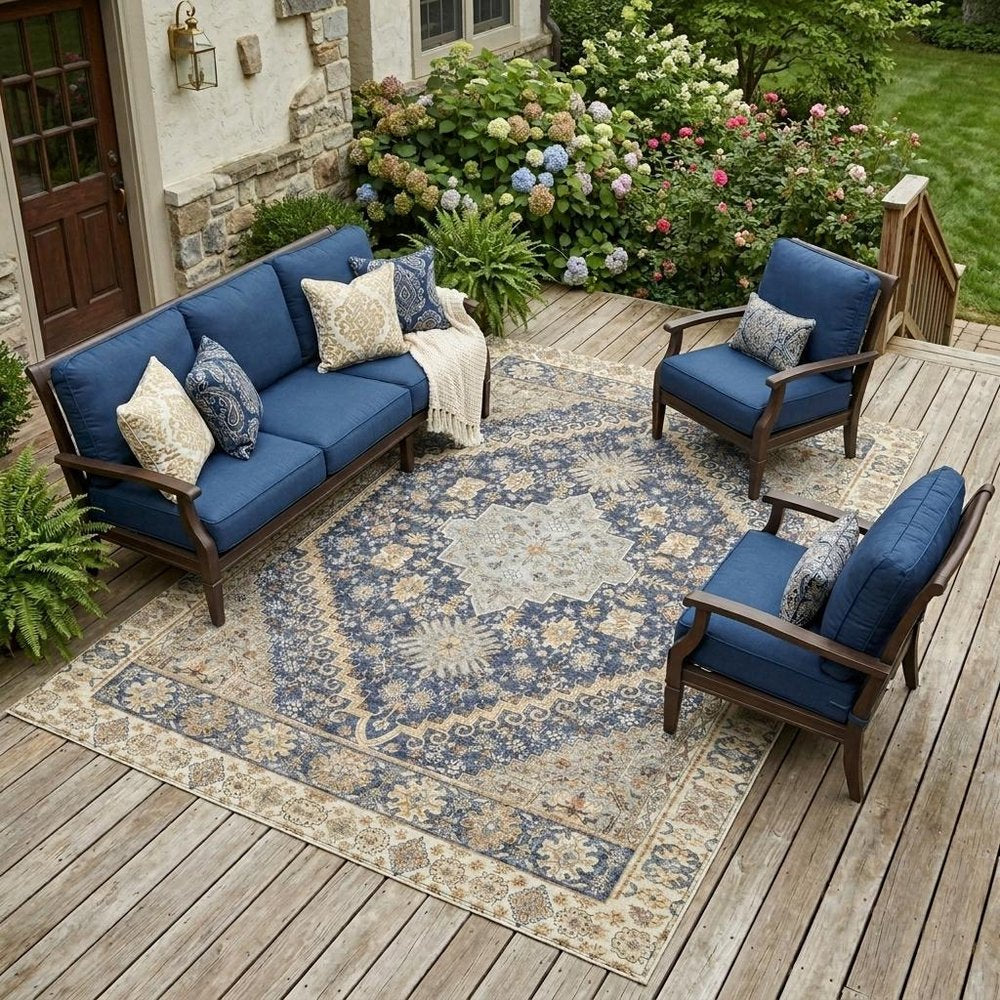 10' X 14' Navy Blue And Blue Oriental Washable Indoor Outdoor Area Rug — view 5