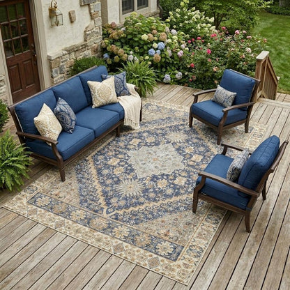 10' X 14' Navy Blue And Blue Oriental Washable Indoor Outdoor Area Rug HomeRoots