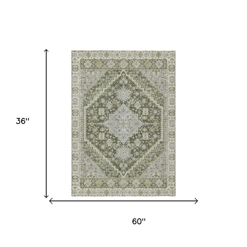 3' X 5' Olive Green And Green Oriental Washable Indoor Outdoor Area Rug — view 3